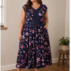 Jessica London‎ Floral Midi Dress Navy Pink Cottagecore Romantic Rayon Size 2/3X
